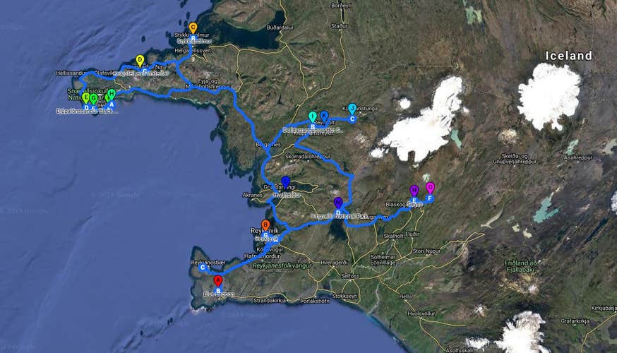 A map showing the route of this six-day self-drive winter tour in Iceland.