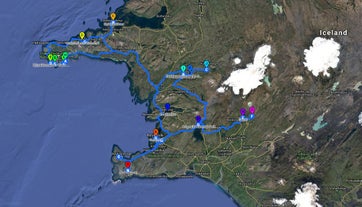 Una mappa che mostra il percorso del tour self-drive invernale di 6 giorni in Islanda.