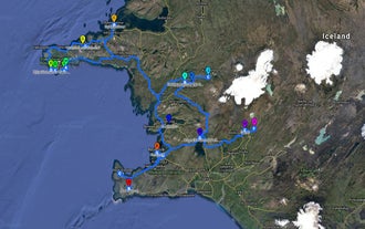 Una mappa che mostra il percorso del tour self-drive invernale di 6 giorni in Islanda.