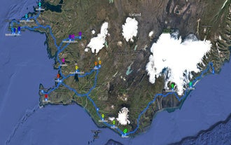 Een kaart met de route voor deze achtdaagse selfdrive-tour in IJsland in de winter.