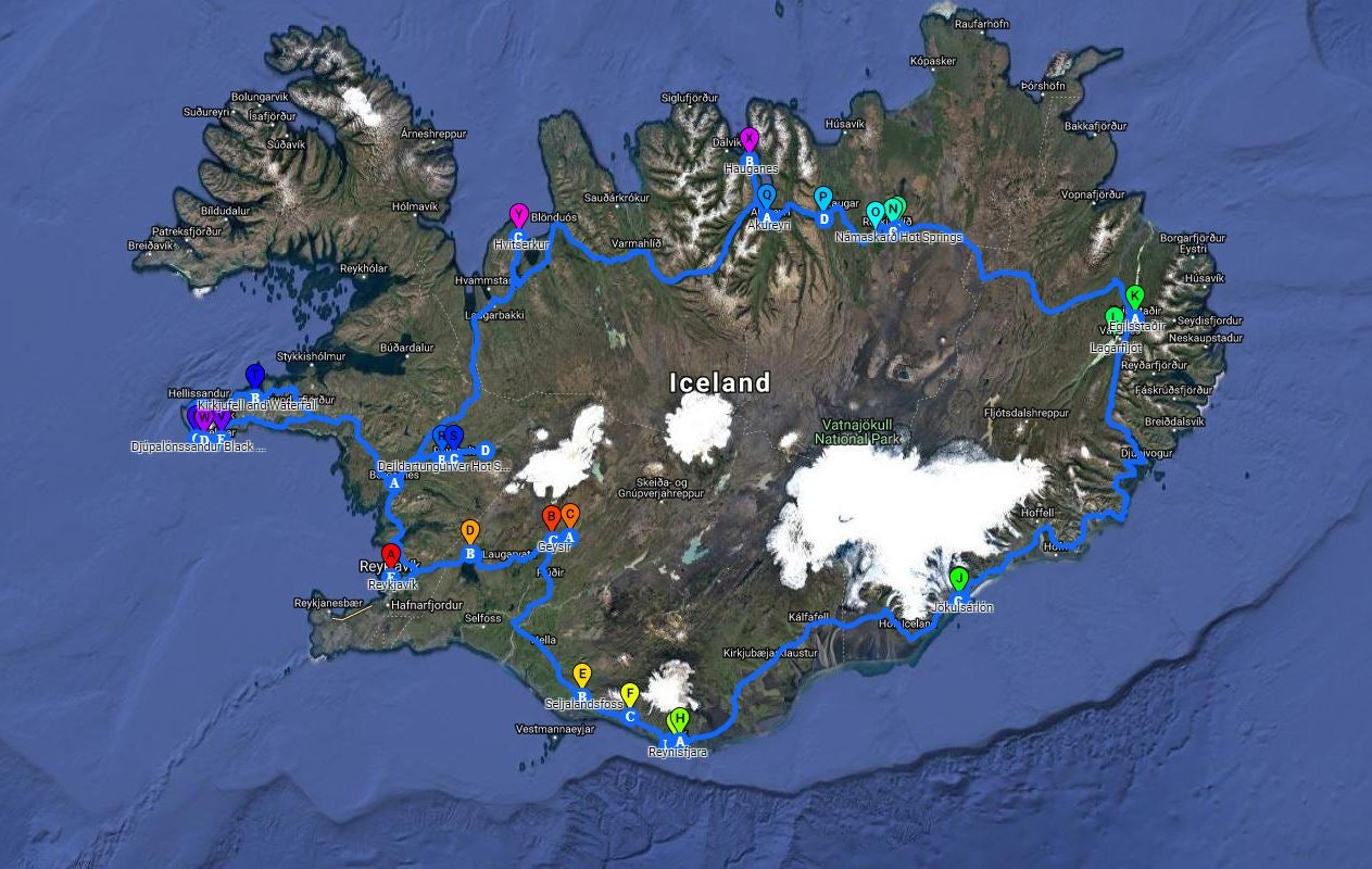 A map showing the route for this two-week winter vacation in Iceland.