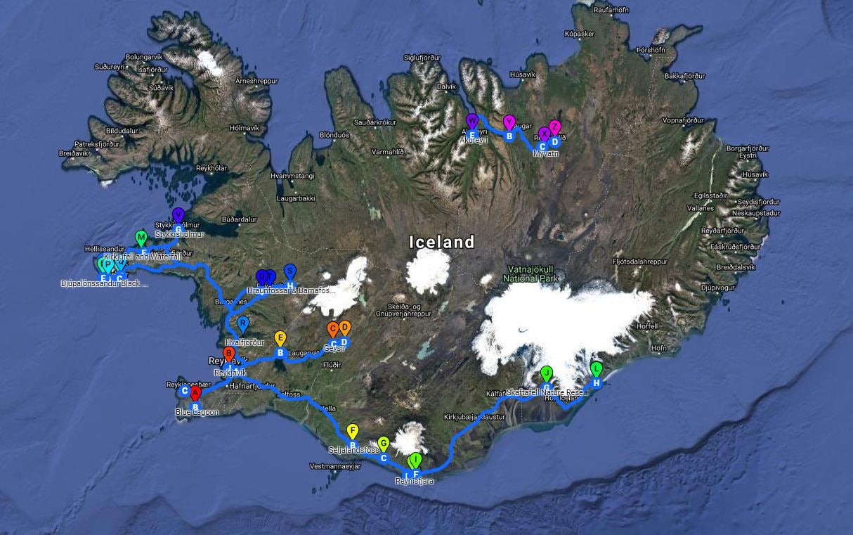 A map showing the route for this eight-day winter vacation in Iceland.