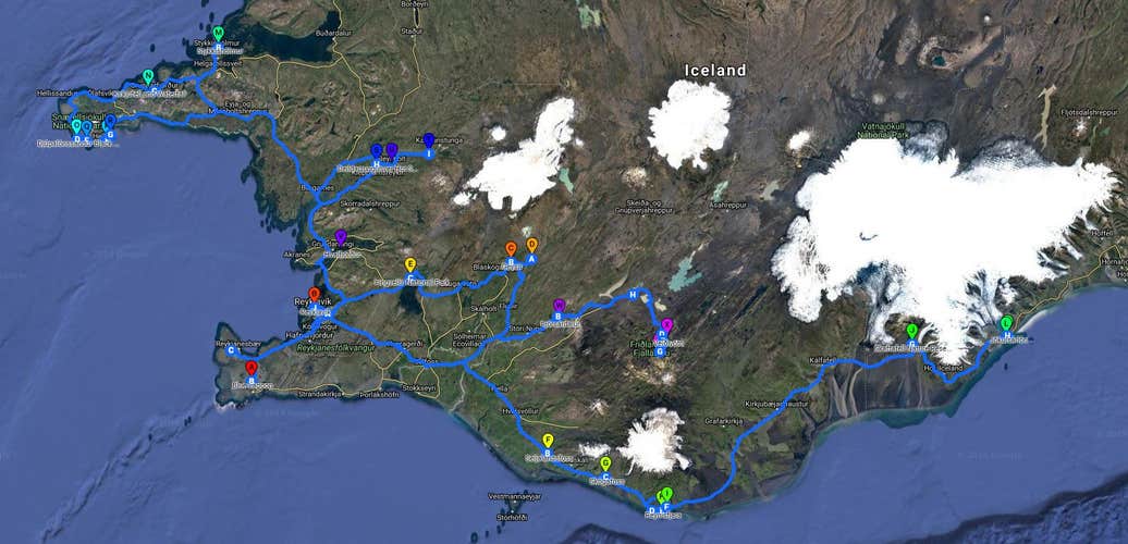 A map showing the stops on this 10-day winter adventure package.