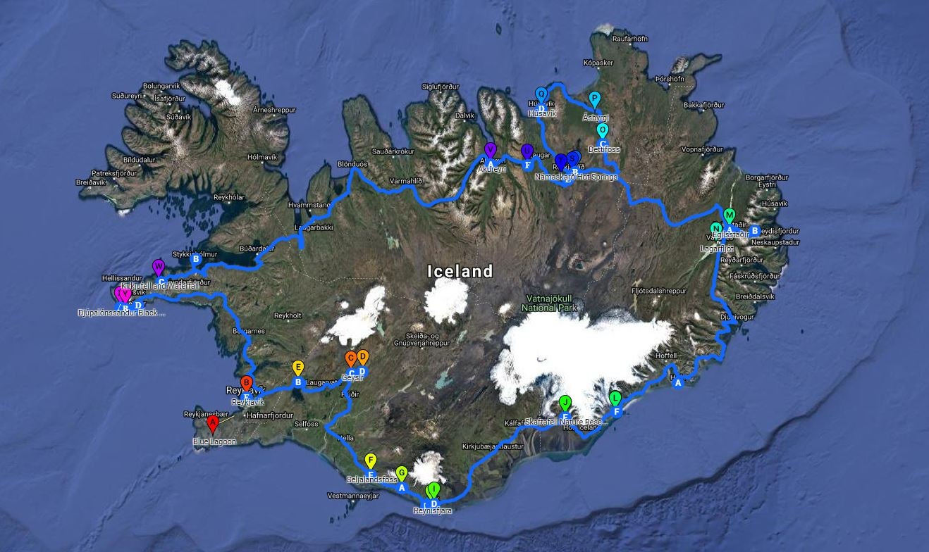Itinerario del paquete guiado de 12 días en verano dando la vuelta completa a Islandia, incluida la Península de Snaefellsnes.