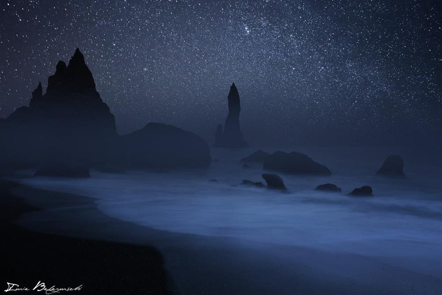 Reynisdrangar by the black sand beach Reynisfjara in south Iceland