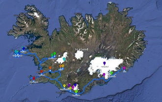 Una mappa che mostra il percorso del tour self-drive invernale di 11 giorni in Islanda.