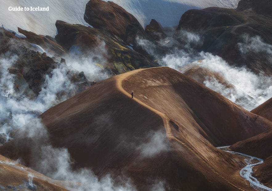 Kjalvegur is a Highland road that goes through hot spring areas and rhyolite mountains.