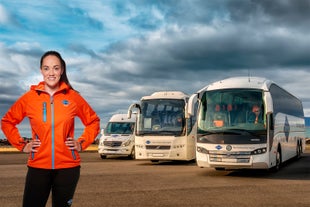 A woman stands in front of one of the company's modern coaches.