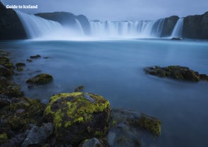 The beautiful Godafoss waterfall has a wide cascade.