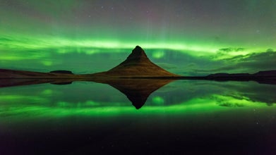 The Northern Lights, pictured over Kirkjufell mountain on the Snaefellsnes Peninsula.