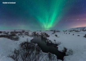 Zorza polarna świeci na niebie nad Parkiem Narodowym Thingvellir.