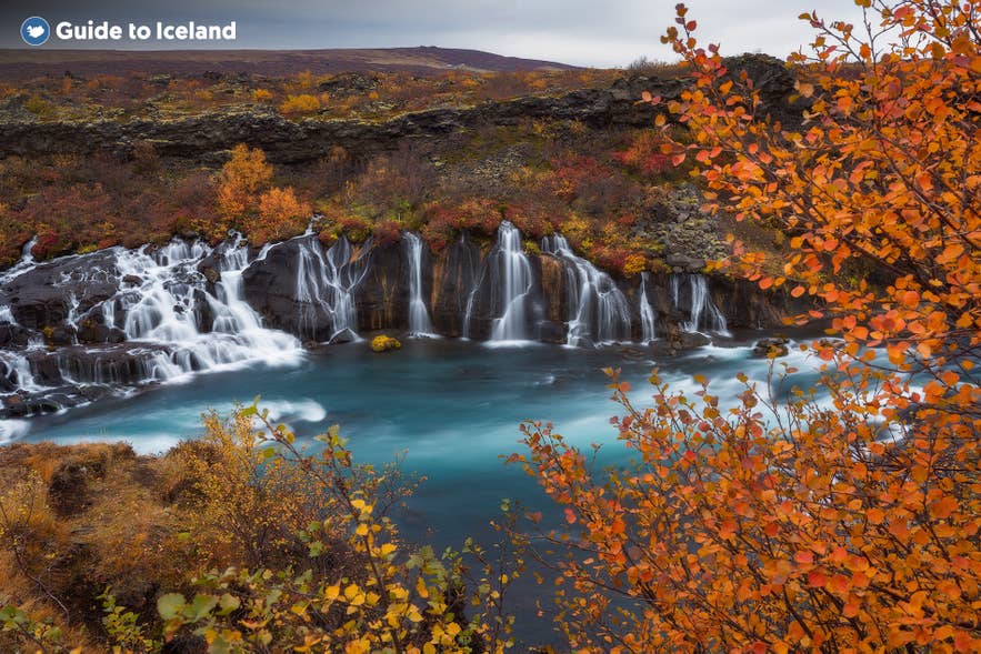 Hraunfossar Waterfalls near Reykjavik in Iceland, where clear streams cascade through lava fields into the Hvita River. 