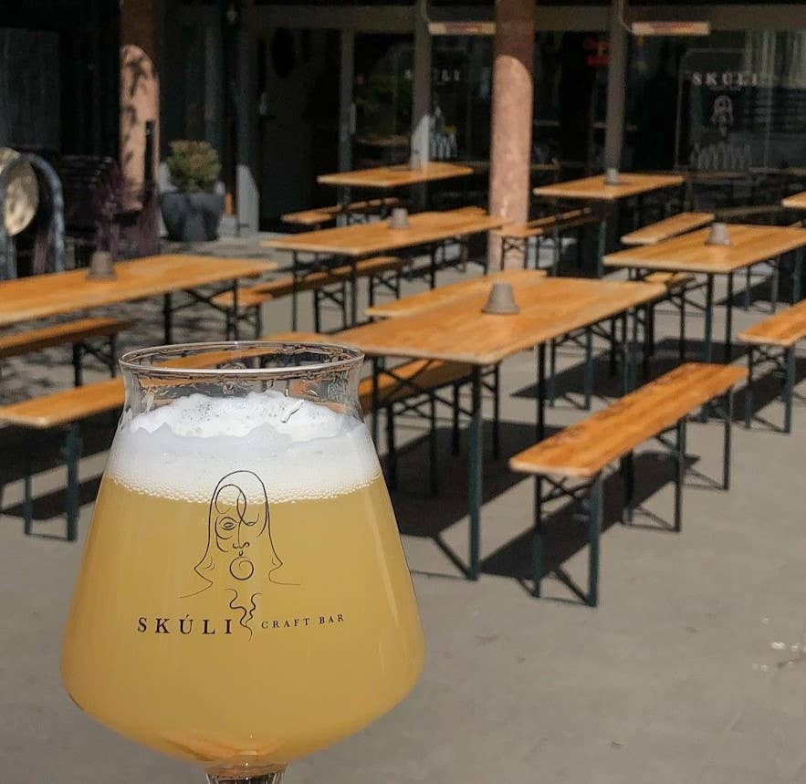 A glass of craft beer at Skuli Craft Bar in Reykjavik, famous for its selection of Icelandic and international brews.
