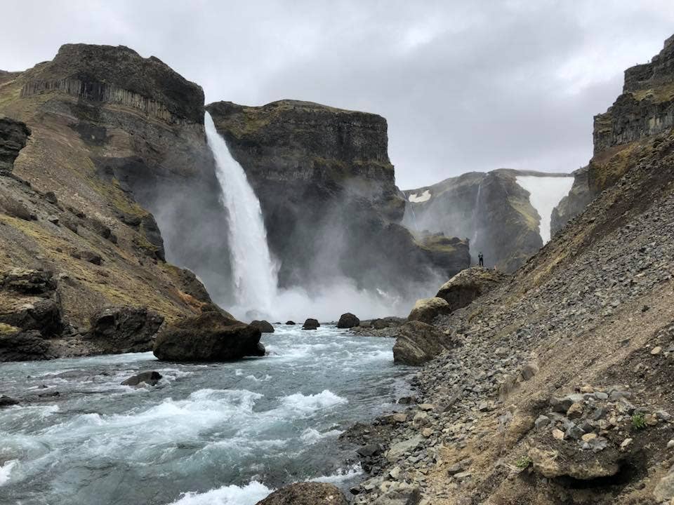 Haifoss waterfall plunges from a tall cliff.