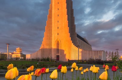 Hallgrimskirkja badar i varmt sommarljus.