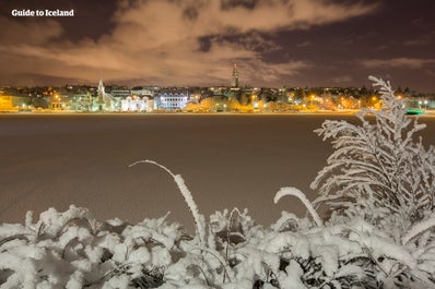 Tjörninns damm i Reykjavík täckt av ett snötäcke.