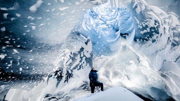 Vivid blue ice decorates the Askur ice cave.