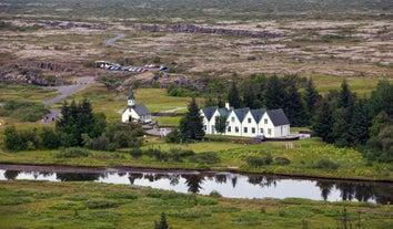 White buildings in the Thingvellir National Park.