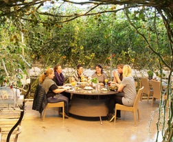 A group of travelers enjoys lunch in the Fridheimar Greenhouse restaurant.