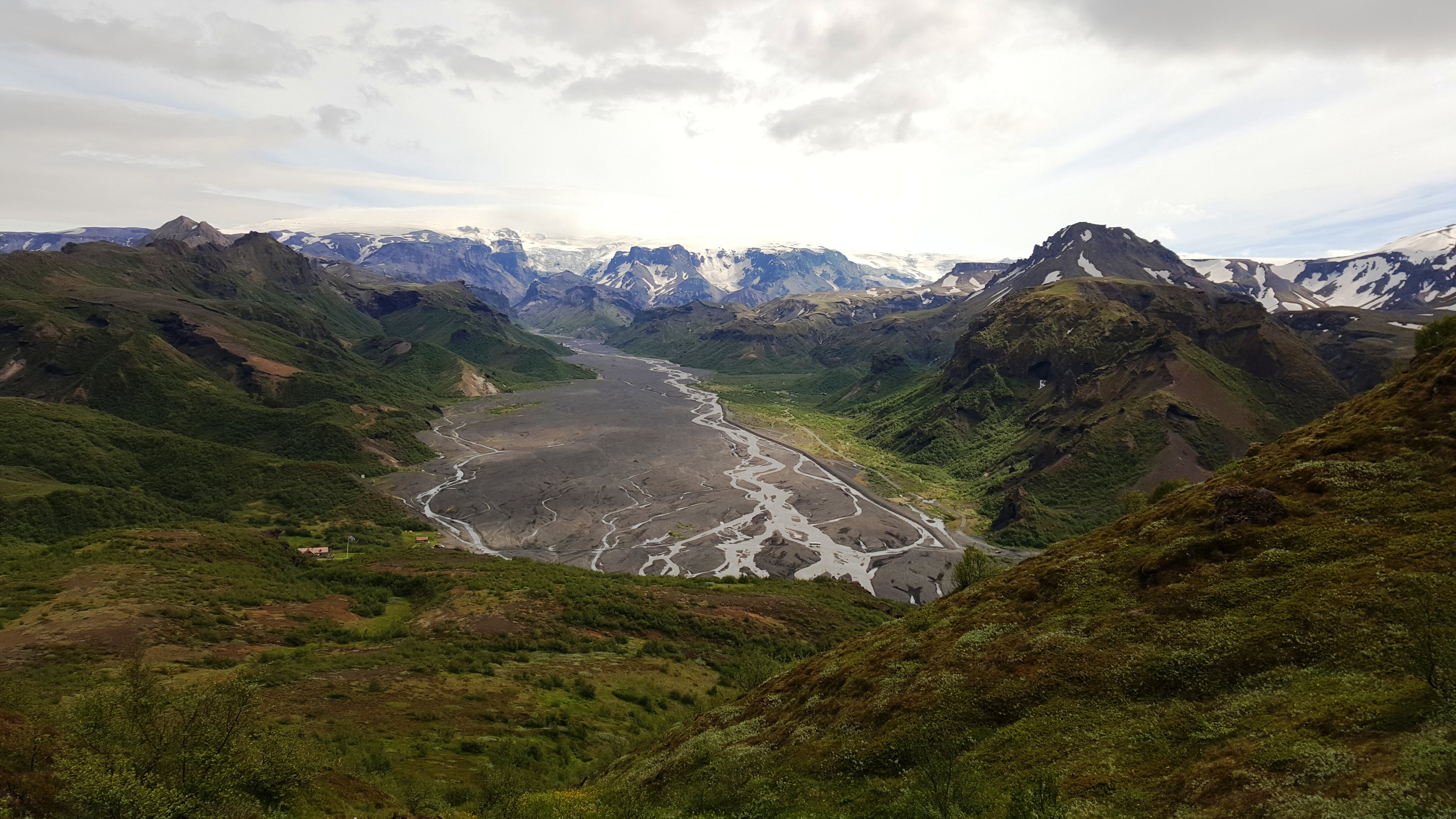 Rivers run through the rugged terrain of the Thorsmork valley.