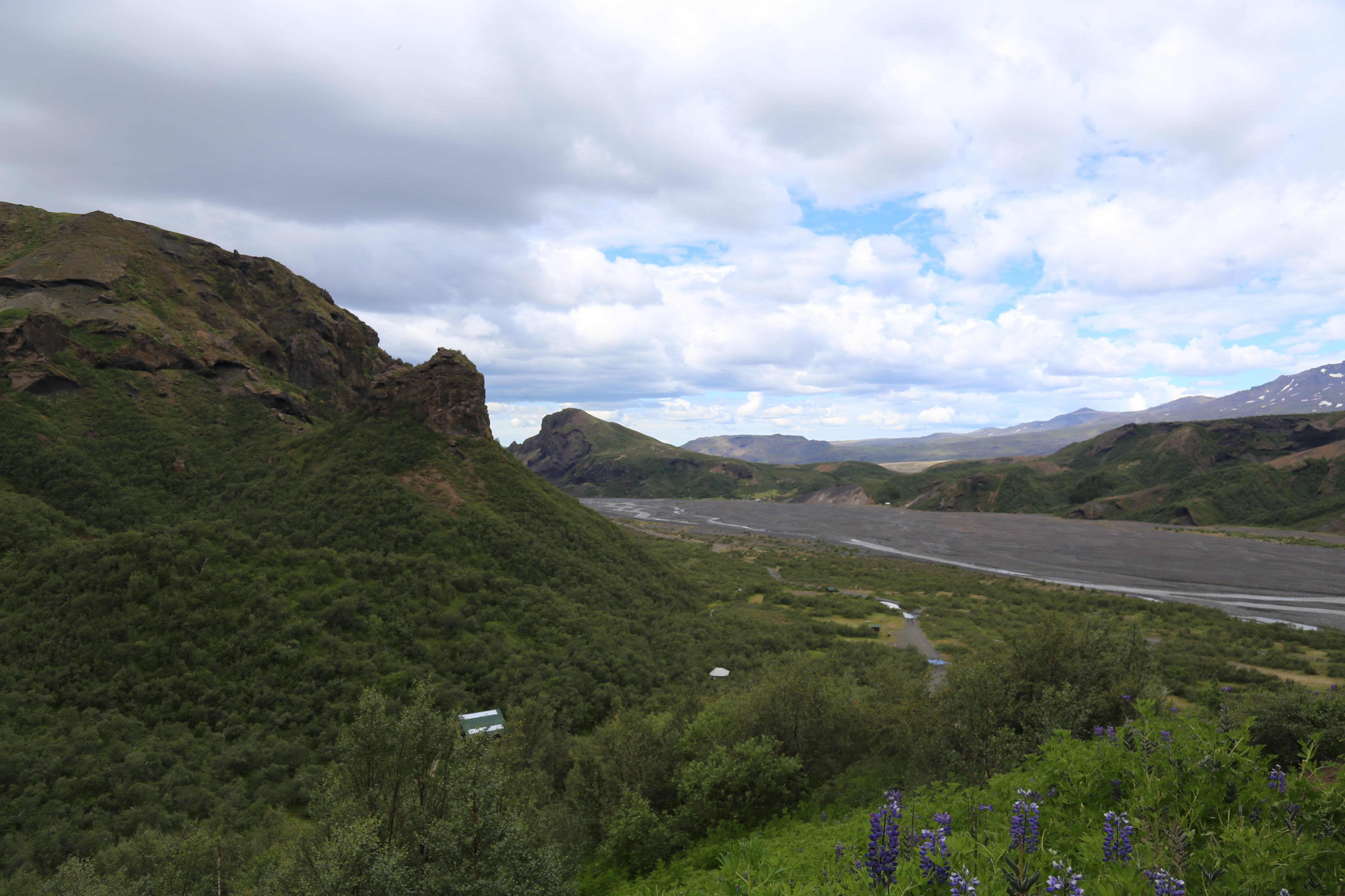 The lush greenery of the Thorsmork valley in the Icelandic Highlands.