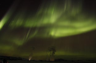 Livlige grønne nordlys danser over hovedet på en Aurora tur på Island.