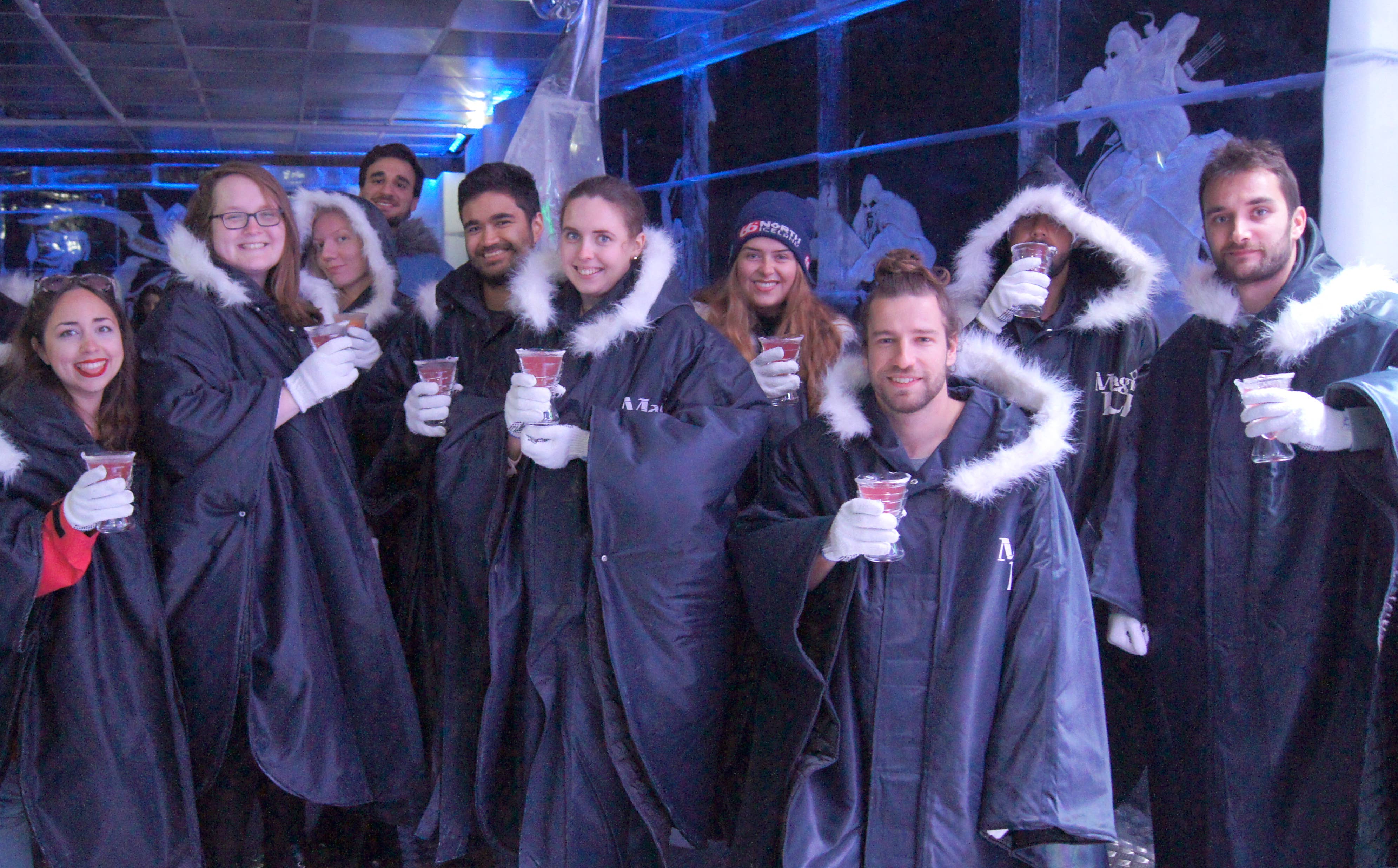 Een groep gasten geniet van cocktails in de Magic Ice Bar and Gallery.