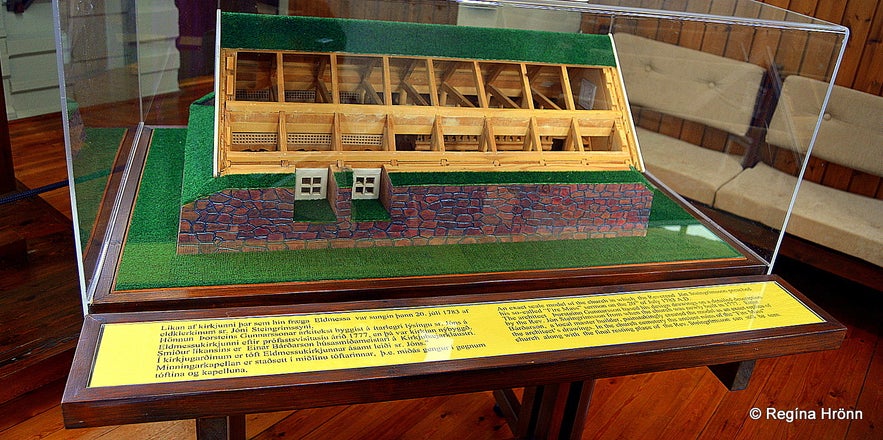 A model of the old turf church at Kirkjubæjarklaustur where Jón eldklerkur held mass