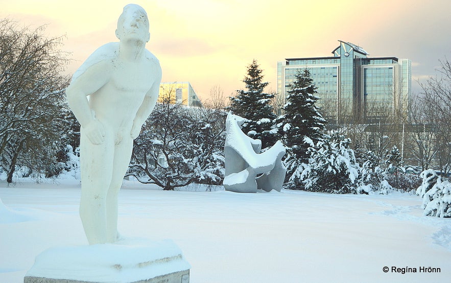 The weather-man in the sculpture park by Ásmundarsafn museum in the snow