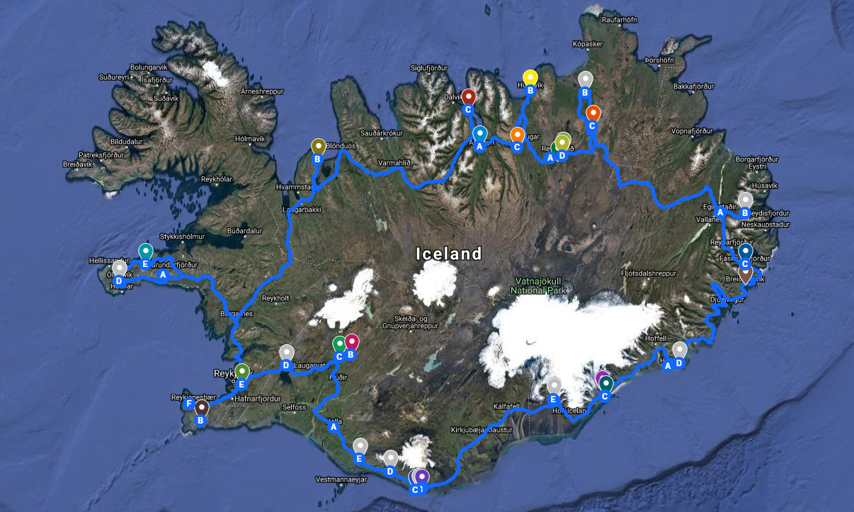 Mapa de Islandia con la ruta de 10 días en coche a tu aire