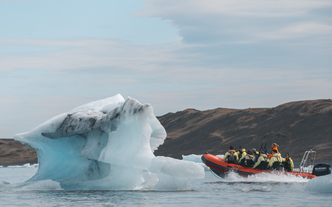 Icebergs float in the beautiful Jokulsarlon glacier lagoon.