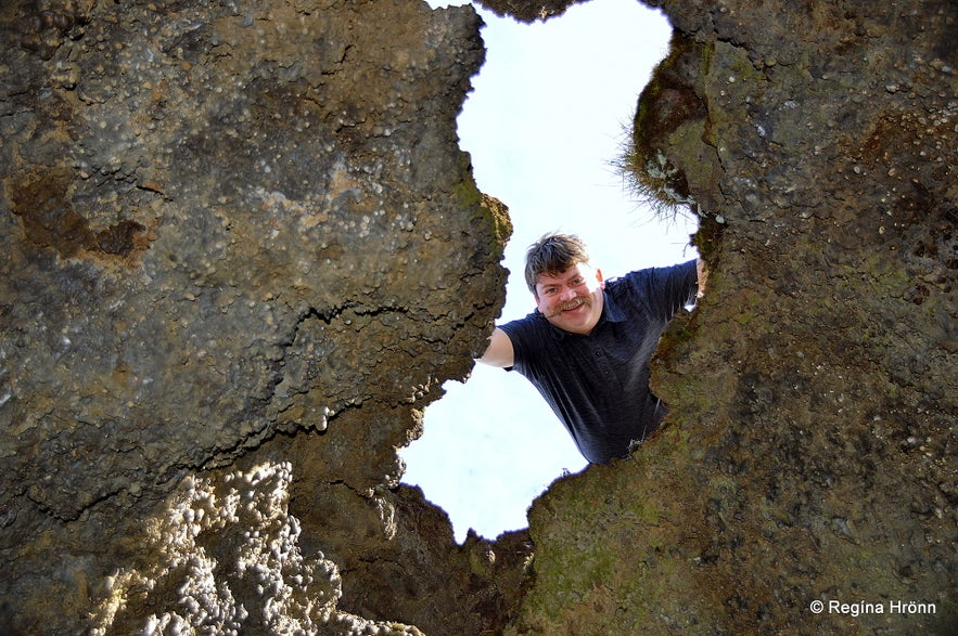 Knútsstaðaborg Lava Chamber in Aðaldalshraun in North-Iceland and Regína's husband