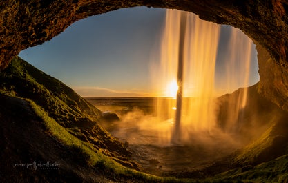 Seljalandsfoss waterfall at golden hour