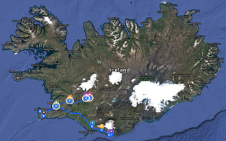 Et kort, der viser en foreslået rejseplan for denne 4-dages kør-selv-nordlystur.
