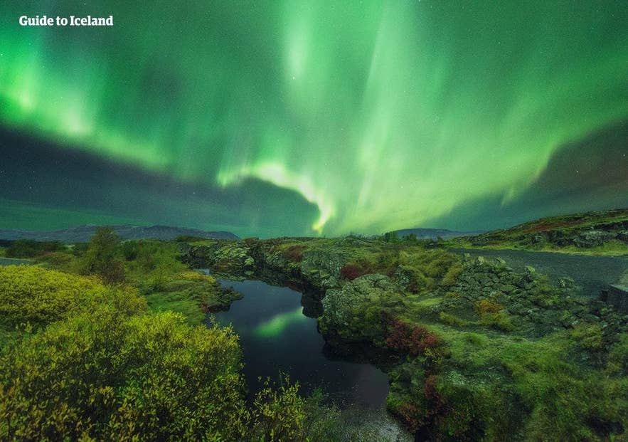 Park narodowy Thingvellir rozświetlony zielonym światłem zorzy polarnej