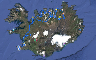 Et kart viser alle stoppene på denne sommerturen med leiebil til Nord-Island og Myvatn