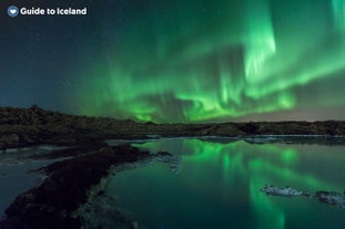 The northern lights shine in the sky above a body of water on the Reykjanes Peninsula in Iceland.