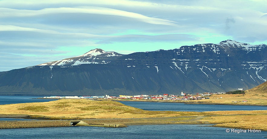 Grundarfjörður in the distance as seen from Kirkjufellsfoss waterfall. 