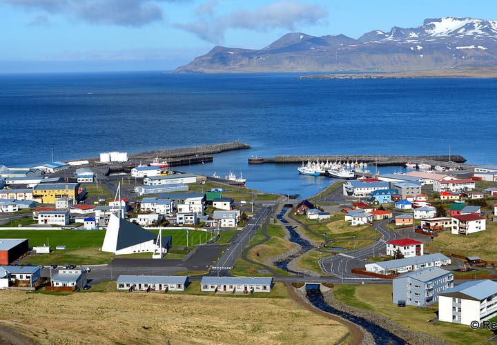 Ólafsvík Town and the Bridal Veil Bæjarfoss Falls on Snæfellsnes Peninsula