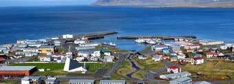 Ólafsvík Town and the Bridal Veil Bæjarfoss Falls on Snæfellsnes Peninsula