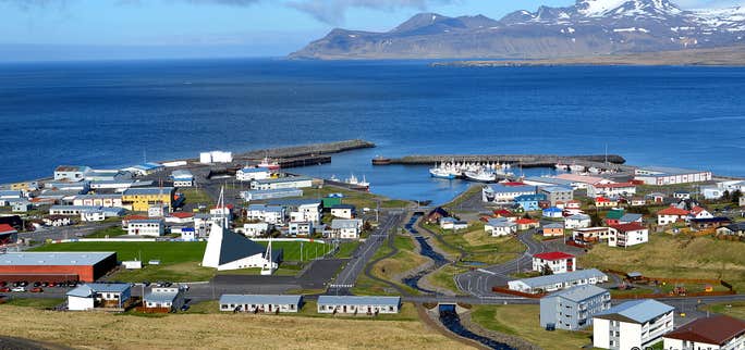 Ólafsvík Town and the Bridal Veil Bæjarfoss Falls on Snæfellsnes Peninsula