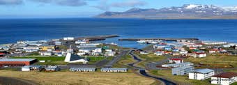 Ólafsvík Town and the Bridal Veil Bæjarfoss Falls on Snæfellsnes Peninsula