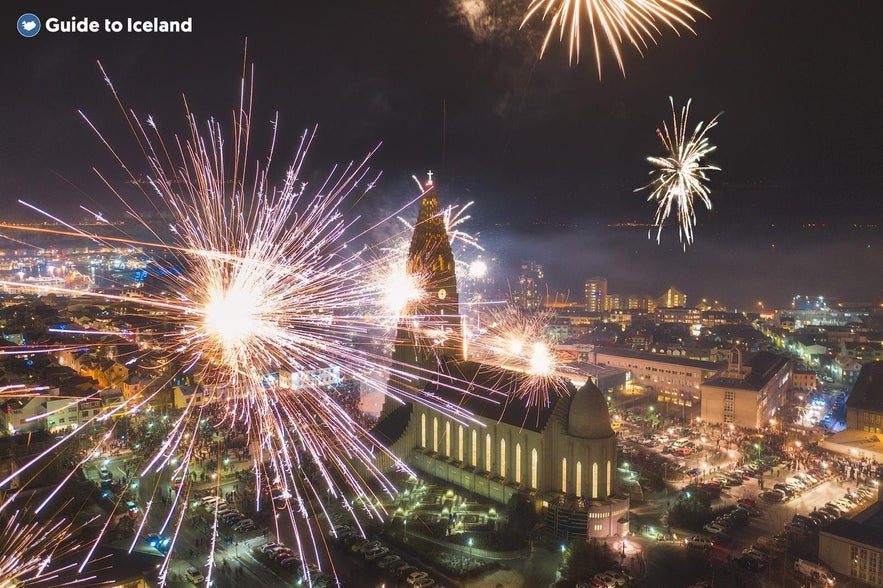 Fireworks above Hallgrimskirkja church in Reykjavik