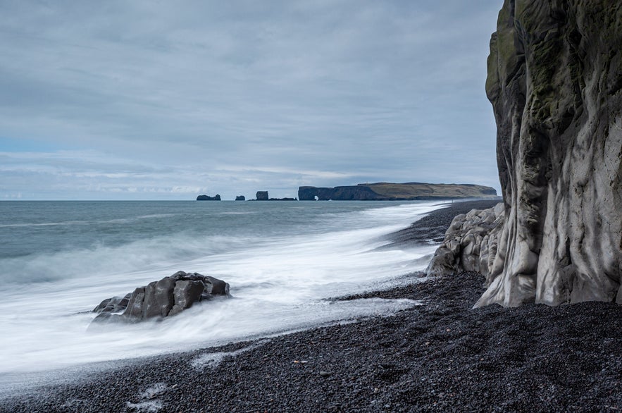 Hálsanef basalt columns, the view to Dyrhólaey.