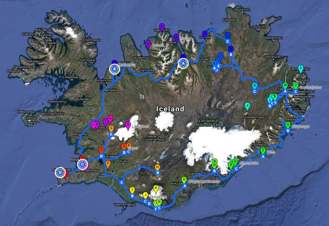 Et kart over din 10-dagers leiebiltur rundt på Island.