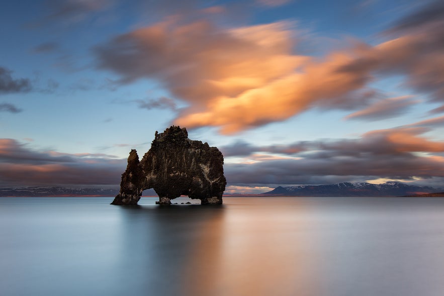 Hvitserkur rock formations standing in the ocean of Iceland.