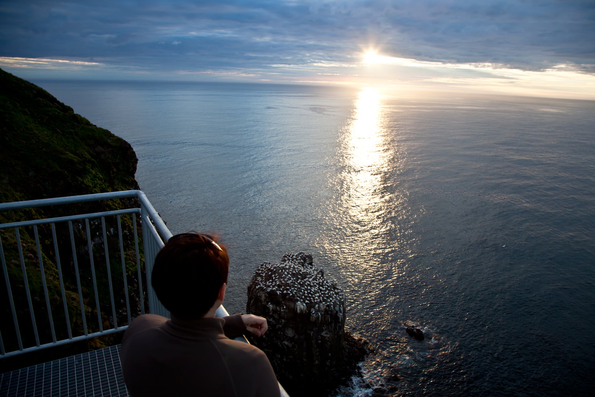 Visitor on the viewing platform above the gannet colony on Stóri Karl sea stack, Langanes