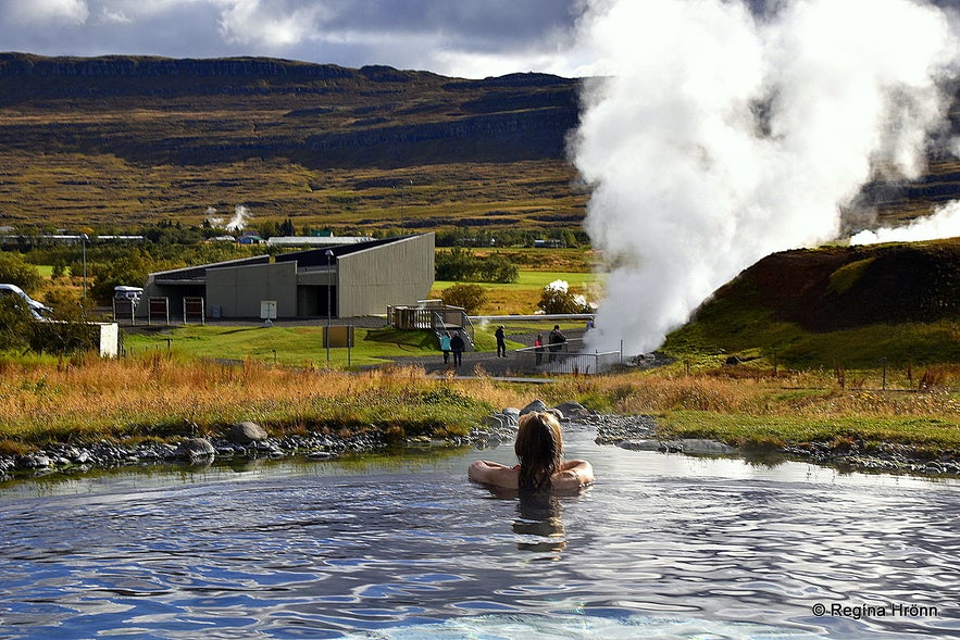 Regína soaking in Krauma spa by Deildartunguhver hot spring