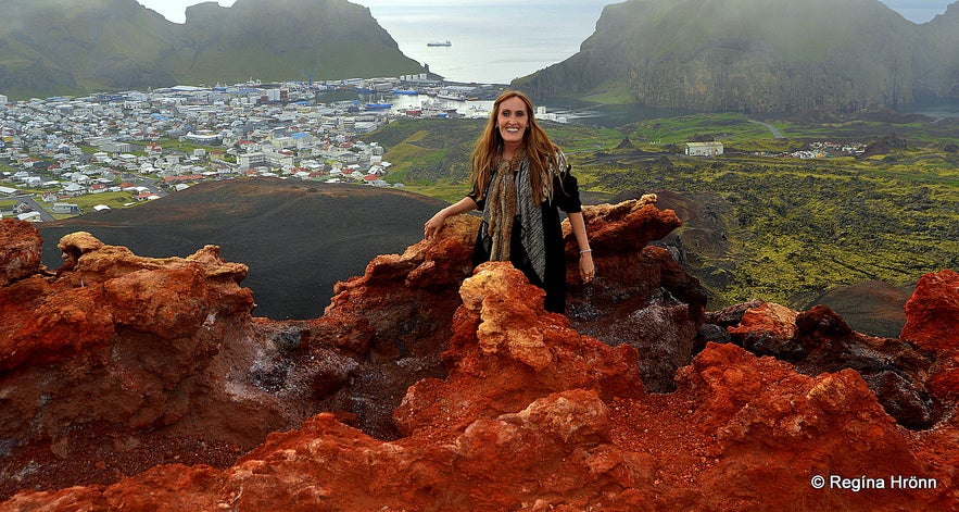 Regina on top of Eldfell volcano Westman islands