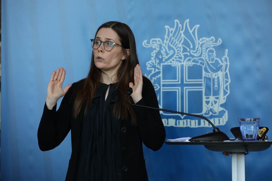 Iceland's Prime Minister Katrin Jakobsdottir at a press conference on COVID19